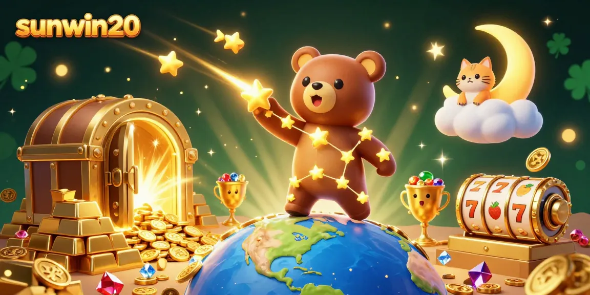 Experience winning excitement with sunwin20 in a vibrant 3D casino illustration featuring playful characters and rich treasures.