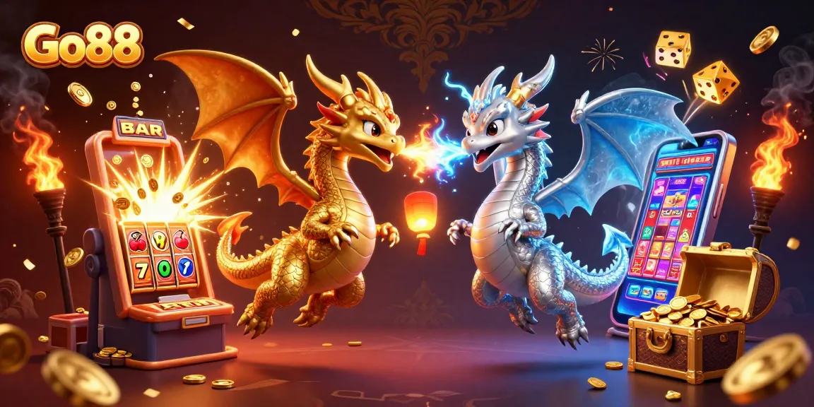Experience Go88's thrilling gaming adventure with twin dragons amidst a jackpot explosion in a vibrant casino.