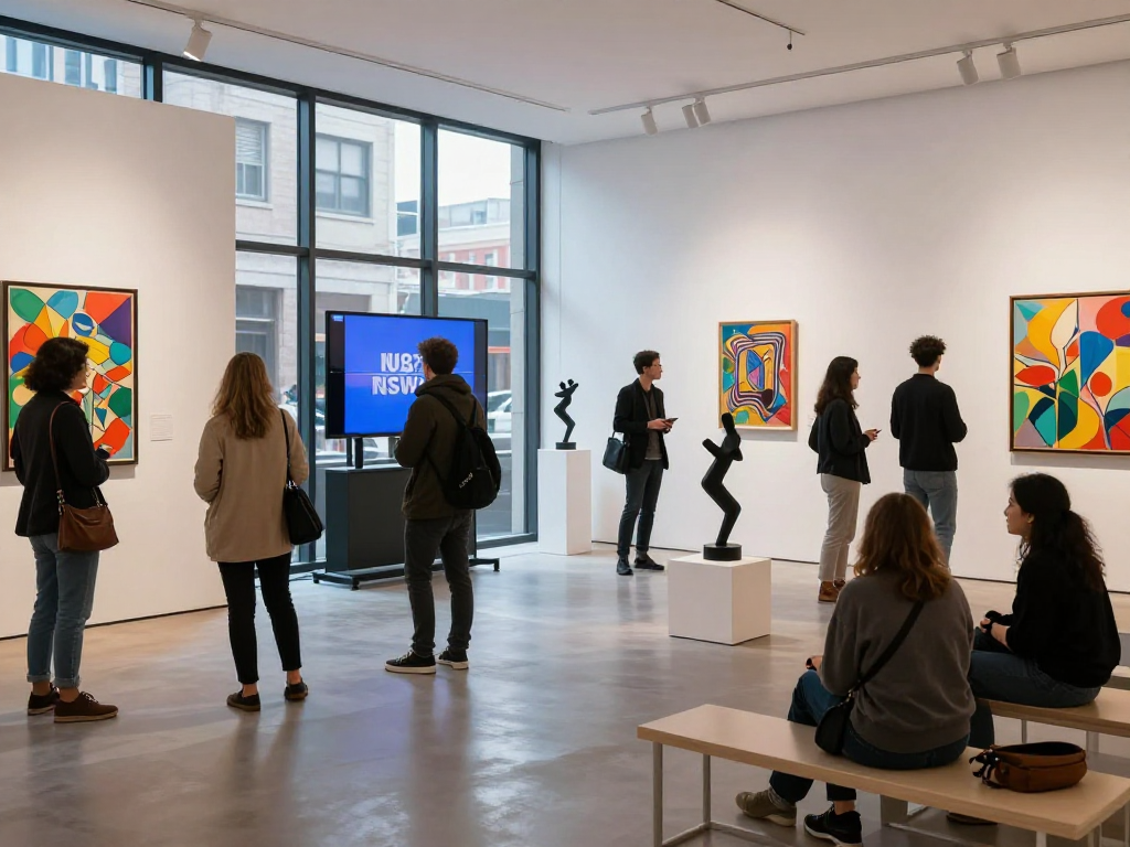An engaging art gallery scene showcasing nsfw-themed digital art and interactive installations.