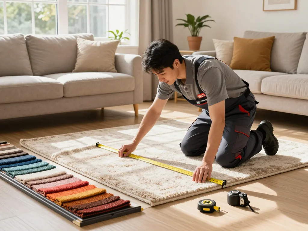 Professional executing home carpet fitting services in a cozy living room.