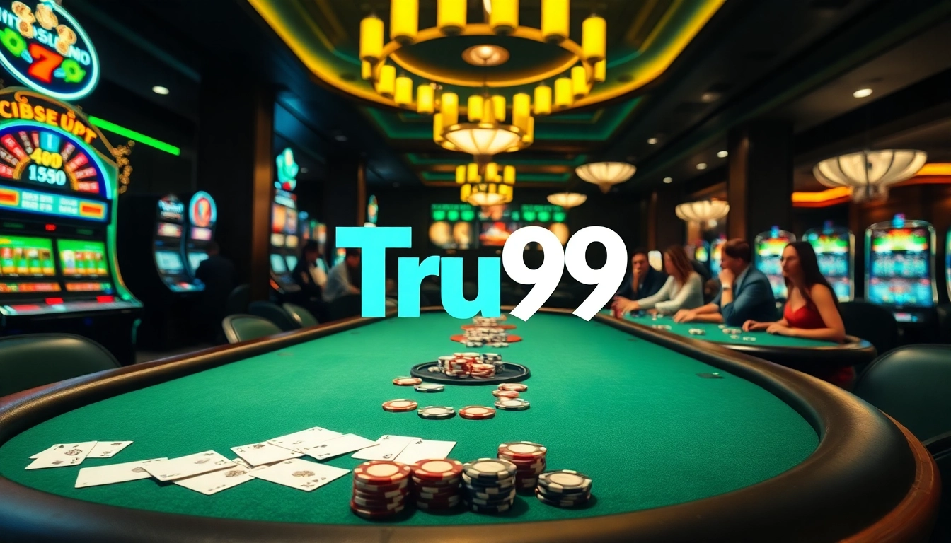 ฉากคาสิโน Tru99 ในบรรยากาศการพนันที่น่าตื่นเต้น พร้อมชิปโป๊กเกอร์และโต๊ะที่มีสีสัน