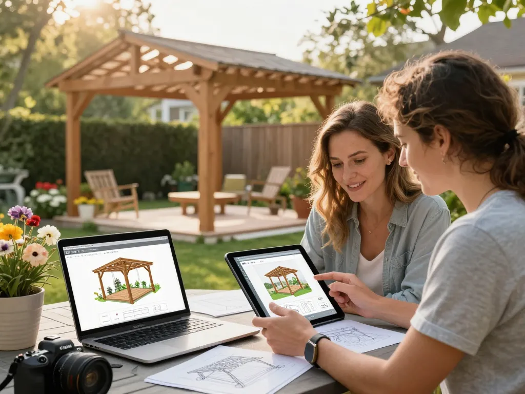 Couple using pergola configurator software outdoors to design custom pergola.