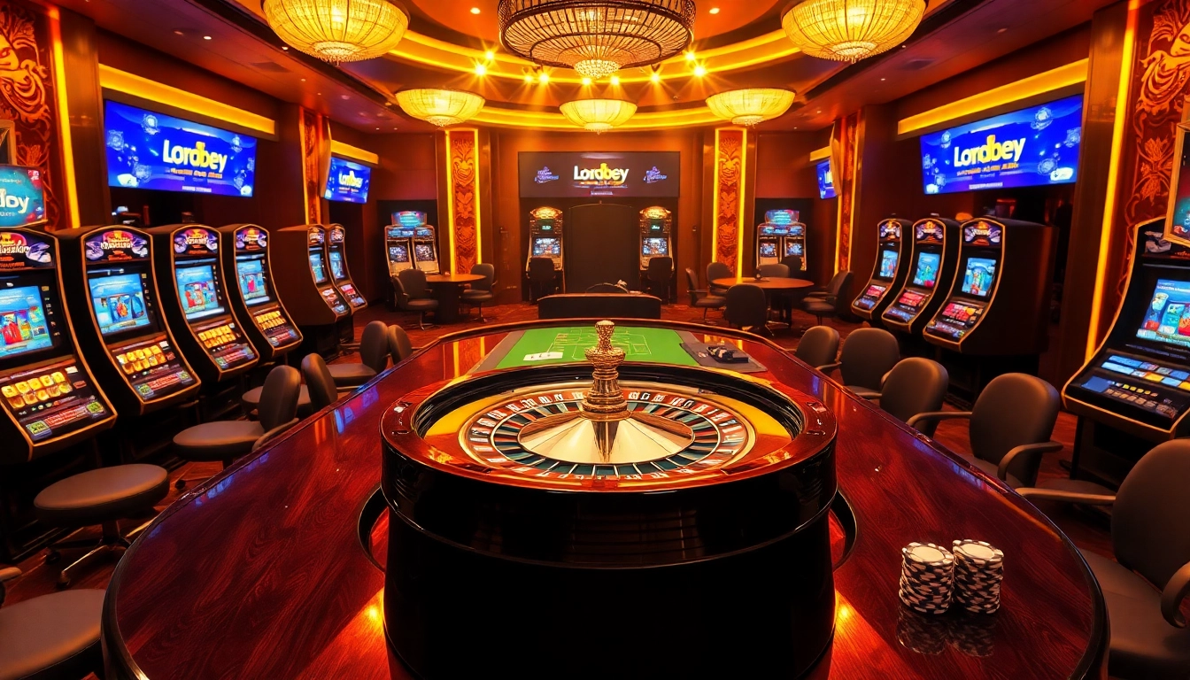 Exciting gaming atmosphere at loto188.gb.net featuring casino tables and roulette wheels.