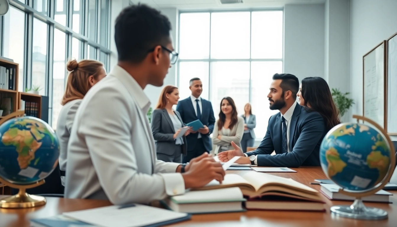 Professional office scene at a US immigration law firm, showcasing diverse lawyers assisting clients in a modern environment.