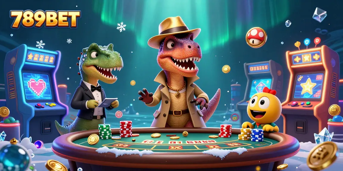 Engage with 789BET's thrilling gaming atmosphere featuring a dinosaur card counter at a blackjack table.