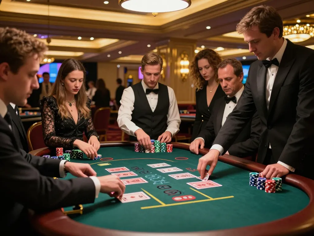 Players engaged in an intense blackjack game at CM88 COM casino, showcasing strategic gameplay and vibrant atmosphere