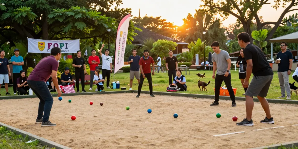 Petanque players enjoying a friendly competition at fopikotabalikpap.org event in vibrant park.