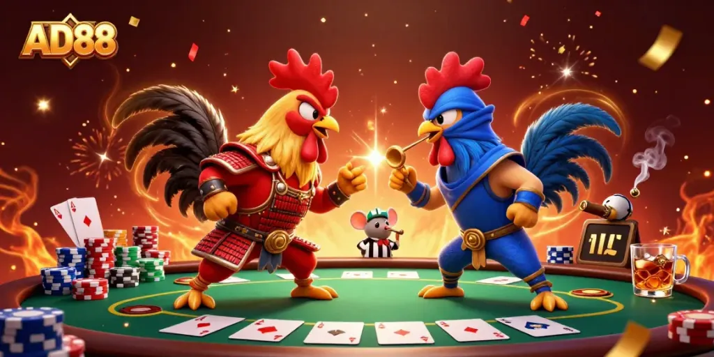 AD88 showcases an intense poker showdown between roosters, highlighted by vibrant colors and dynamic casino elements.
