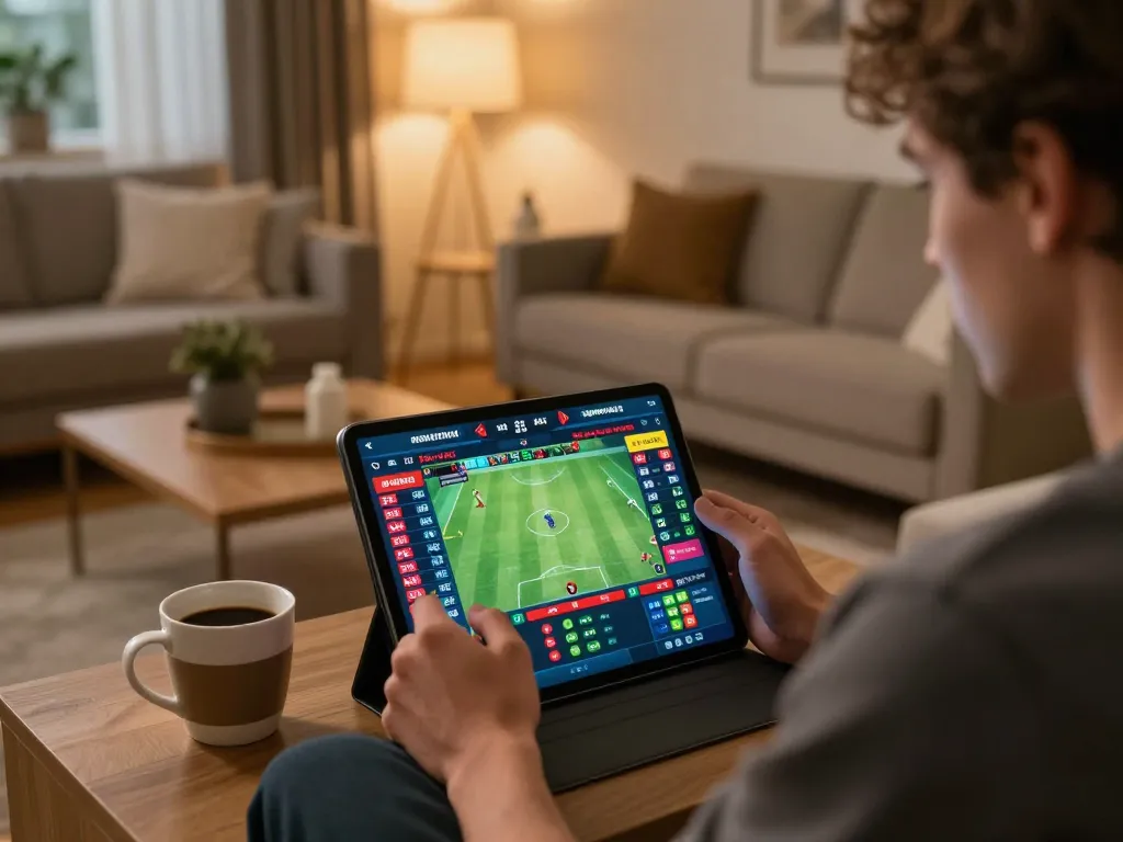 DH88 player actively placing bets on a tablet, vibrant online gaming in a cozy home