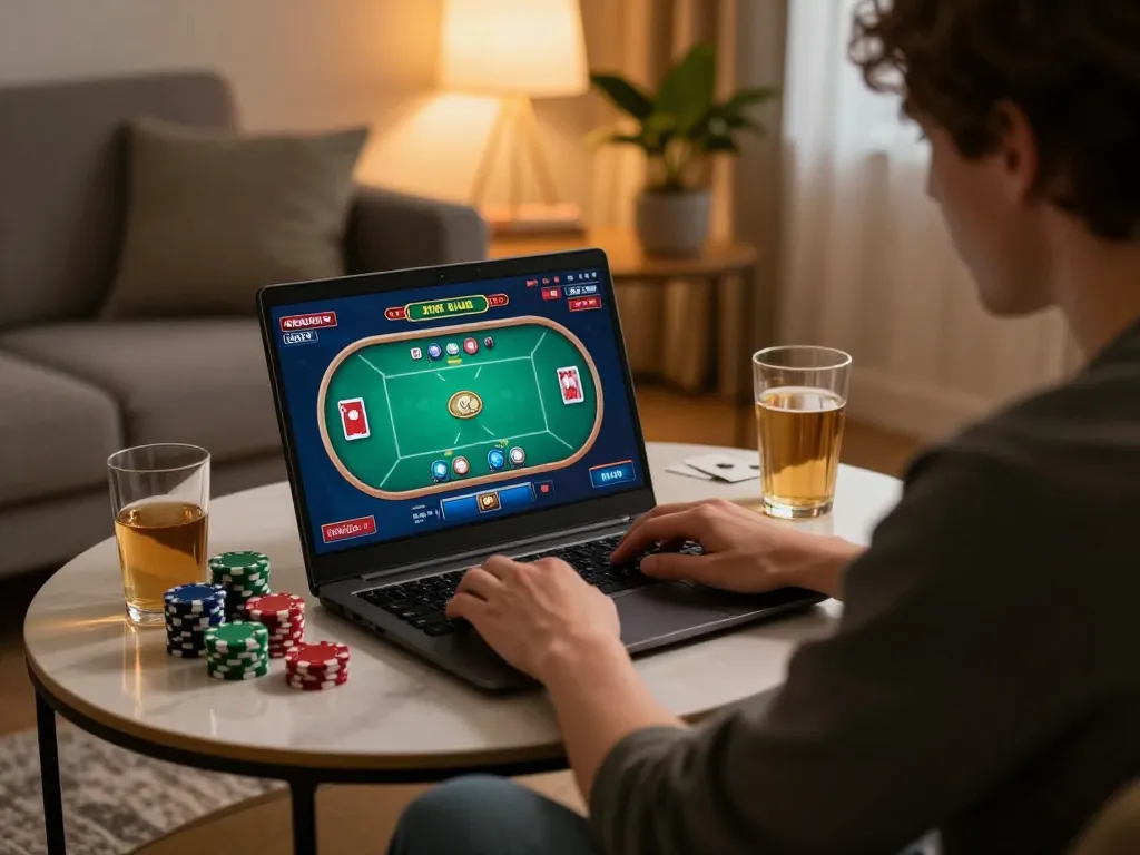 Engaging online gaming moment at TR88 COM with player and poker interface on laptop, creating a cozy home gambling atmosphere.