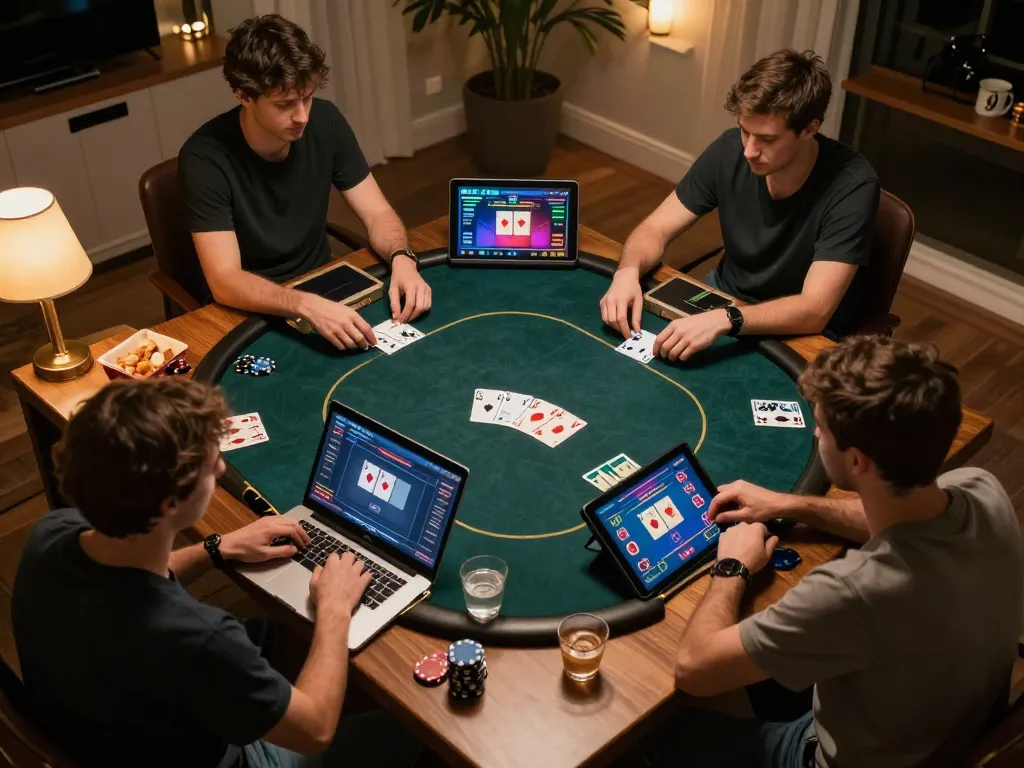 Dynamic poker session at trang chủ go8 with laptops and friendly competition among players.