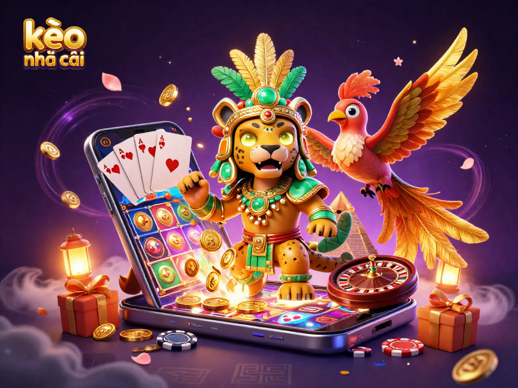Engage in kèo nhà cái with an exciting 3D scene featuring a Mayan jaguar priest and casino elements.