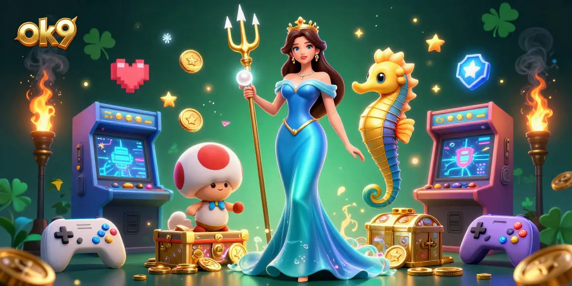 Experience thrilling gameplay at ok9, a vibrant digital casino illustration showcasing underwater treasures and game elements.