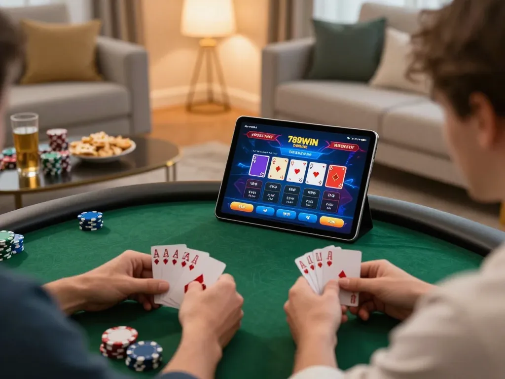 Engaging with 789WIN online poker from a cozy home setup while analyzing gameplay.