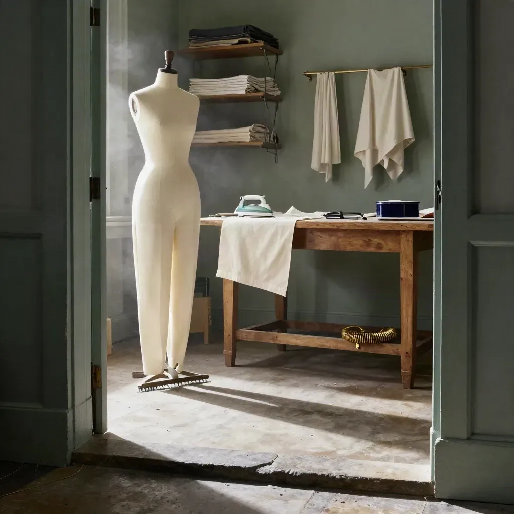 Alterations workroom with hemmed trousers, dress form, zipper coil and tools in dramatic light