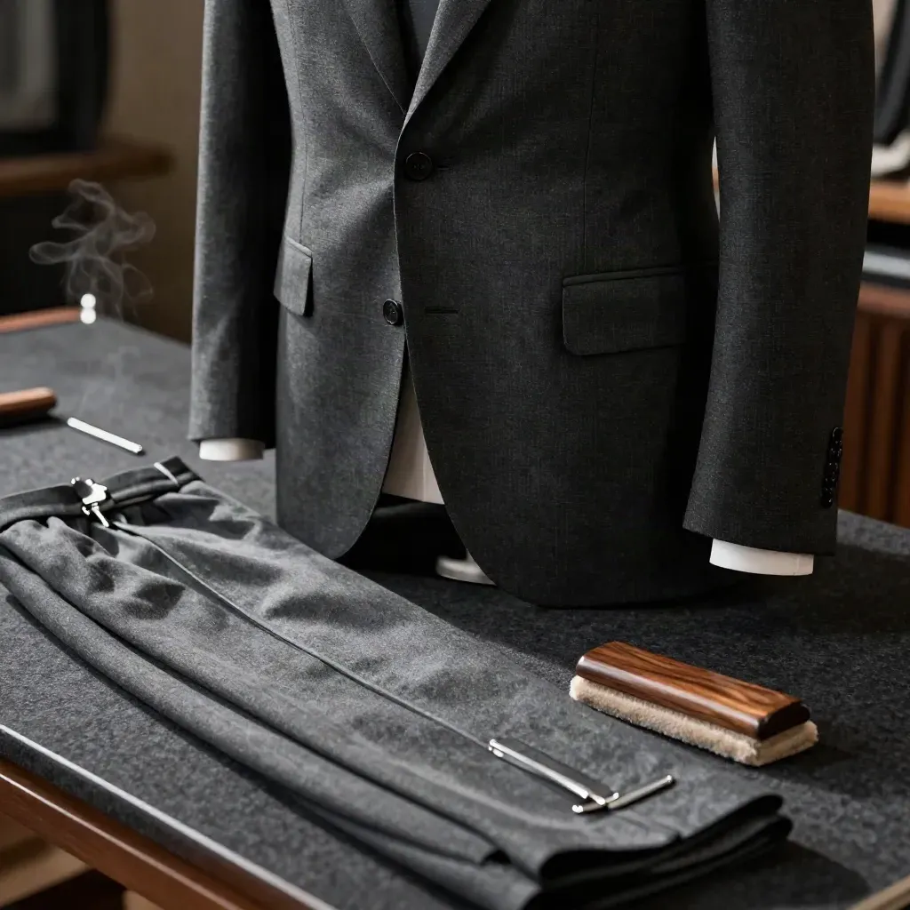 Charcoal suit jacket and trousers tailored on a valet stand in a softly hazed atelier.