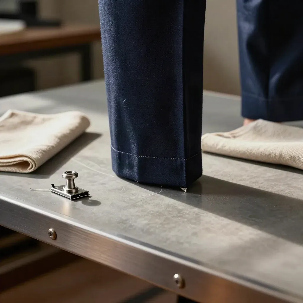 Pressed trouser hem with chalk marks, cloth, and pressing tools on a tailor’s bench