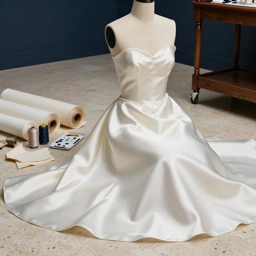 Cream dress form with pinned satin bodice, skirt settling into a better fit in a tailoring studio.