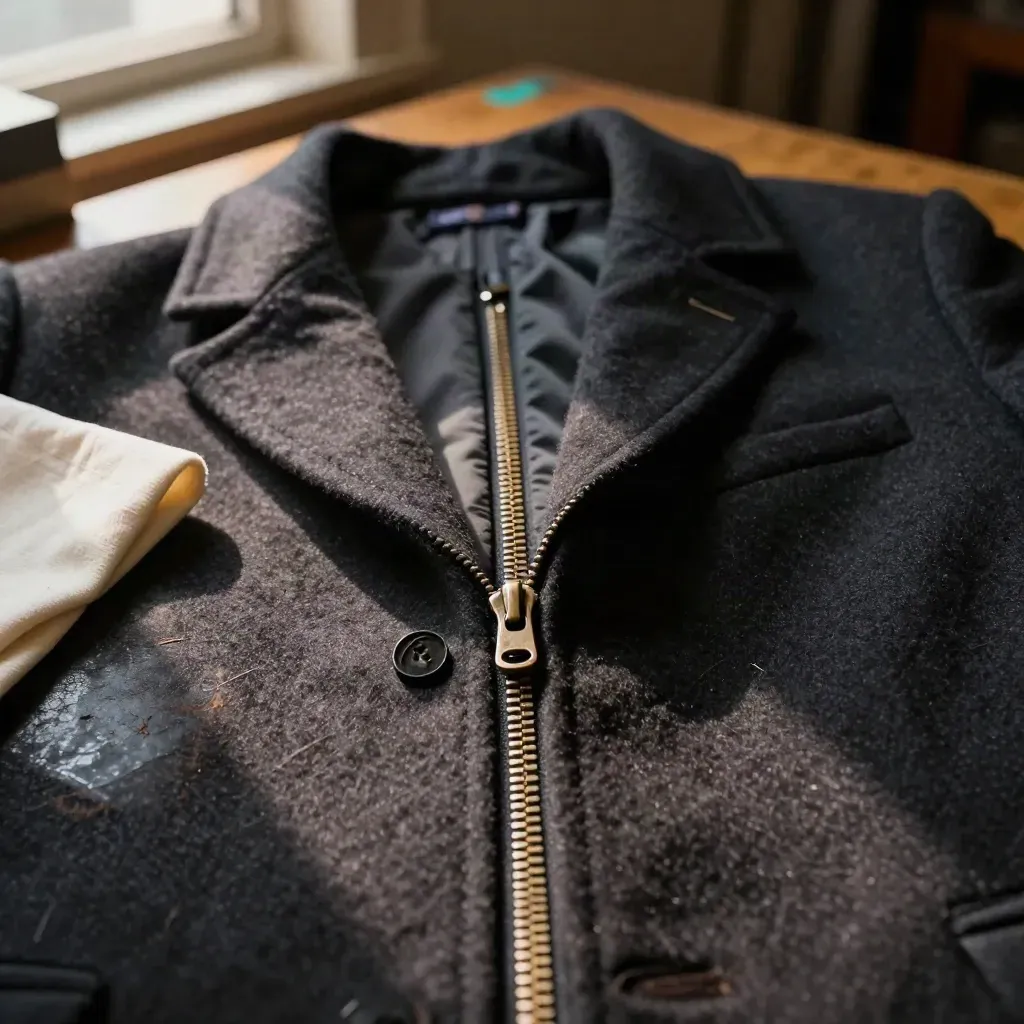 Coat zipper replacement on a tailor’s workbench, close-up of neat repair detail