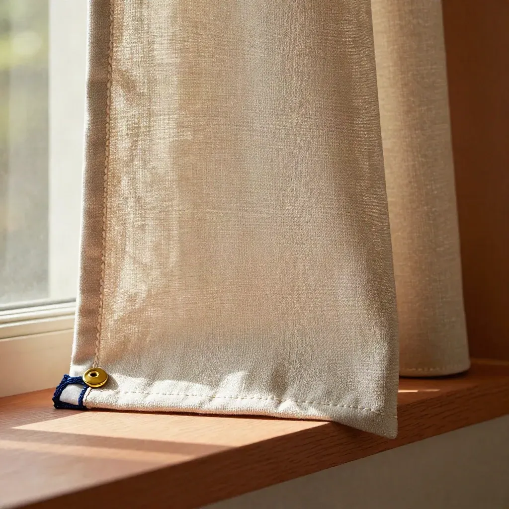 Repaired linen curtain hem with brass ring detail on a warm workshop windowsill.