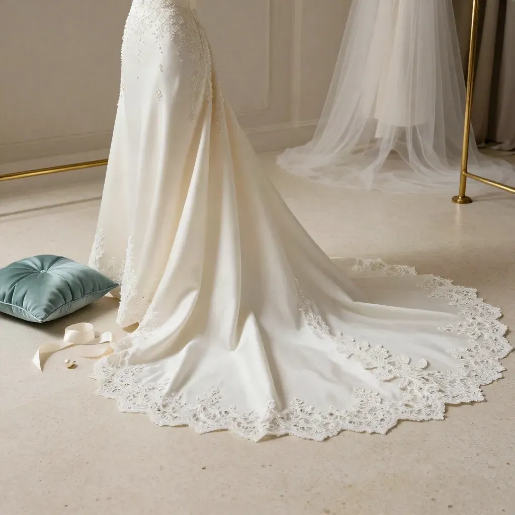 Ivory bridal gown hem on a dress form with lace train sweeping across a fitting room floor.