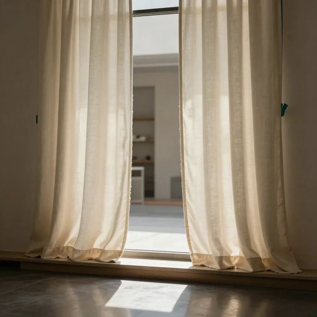 Empty shop interior with neatly repaired curtains glowing in a bright window