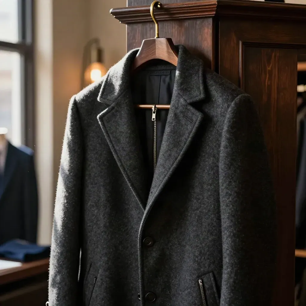 Dark coat with a replaced front zip hanging neatly on a brass hook in warm workshop light
