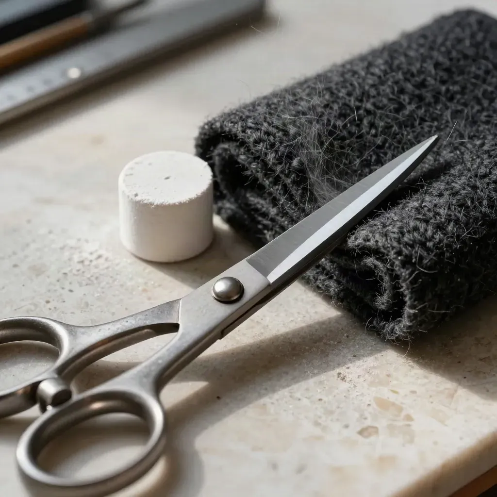 Macro of tailor shears, chalk wheel and sleeve roll on dark wool under raking light.