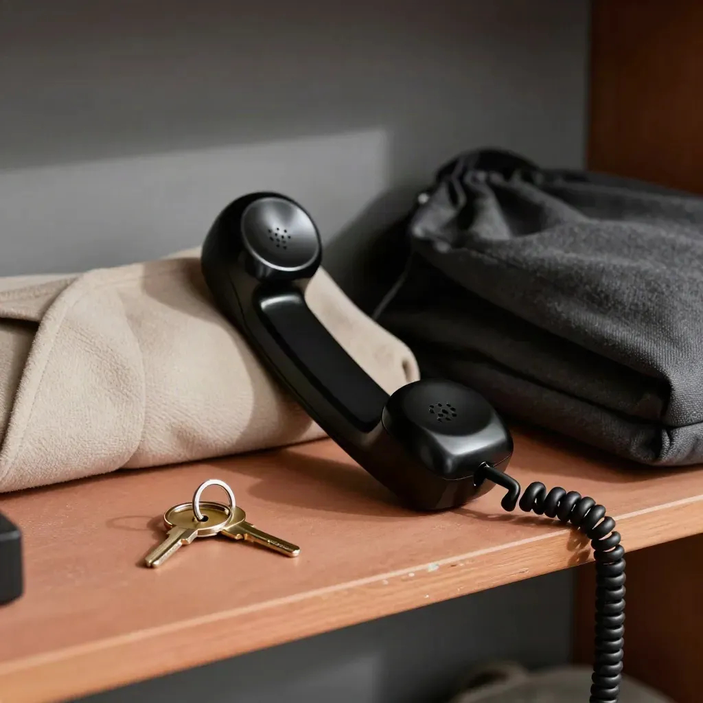 Black handset, garment bag, brass key ring and coat cover on a customer-care shelf.