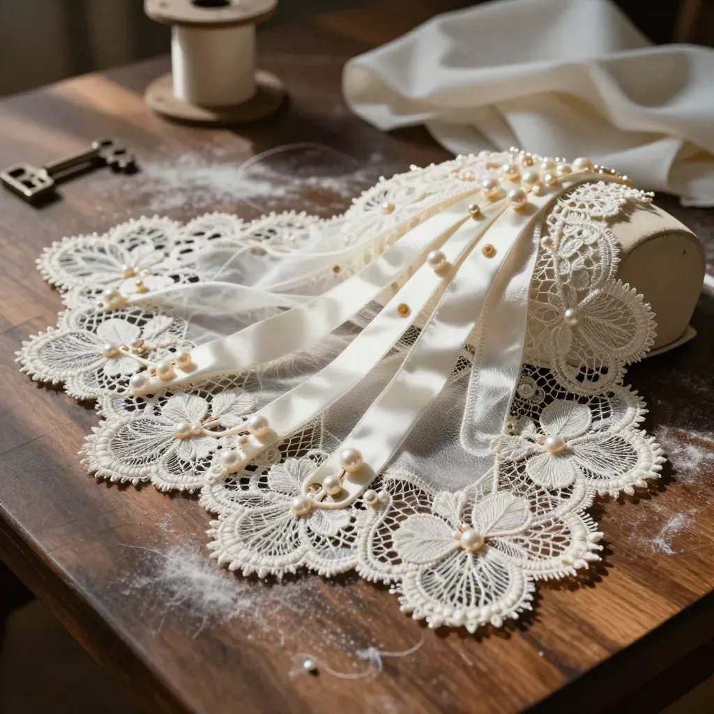 Bridal lace appliqué, pearl pins and satin bias strips on a tailoring board
