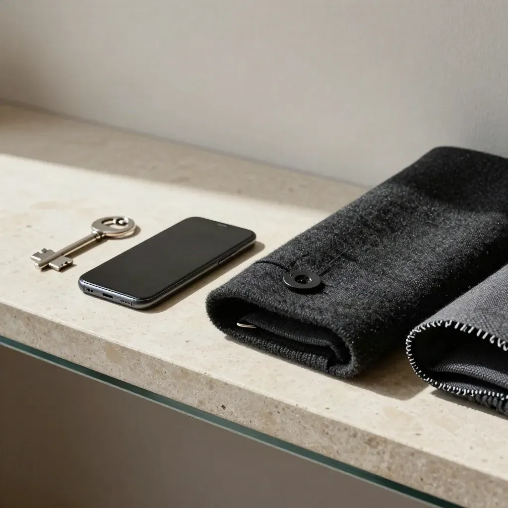Face-down phone beside folded coat cuff and fabric swatch on stone shelf