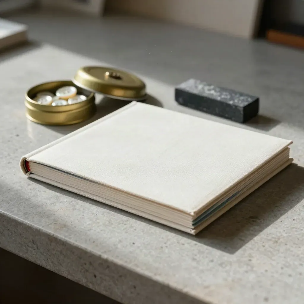 Closed swatch book, brass button tin and chalk block on stone in soft side light.