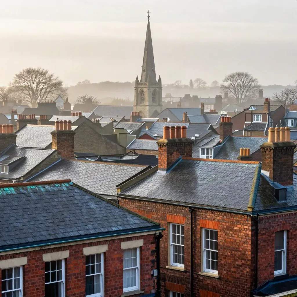 Rain-wet Islington rooftops with a church spire and mist at dawn
