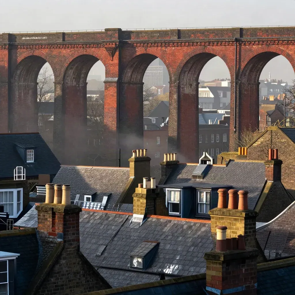 South London viaduct arches and Victorian rooftops glowing in warm evening light.
