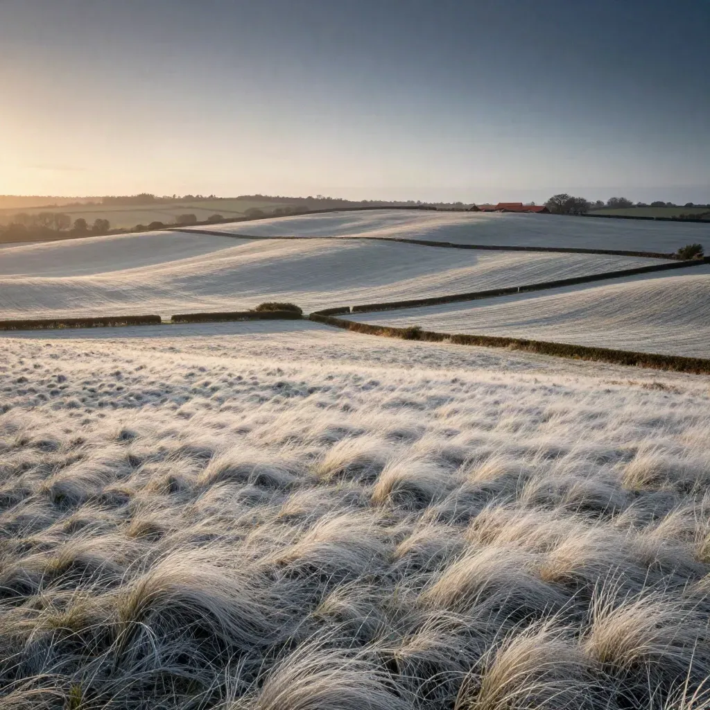 Blue-hour chalk fields and hedgerows on the Surrey Borders with low red roofs in mist.