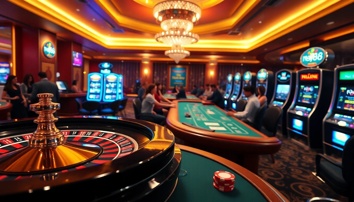 Visual of thrilling gambling action at may88 com with roulette wheel and blackjack table excitement.