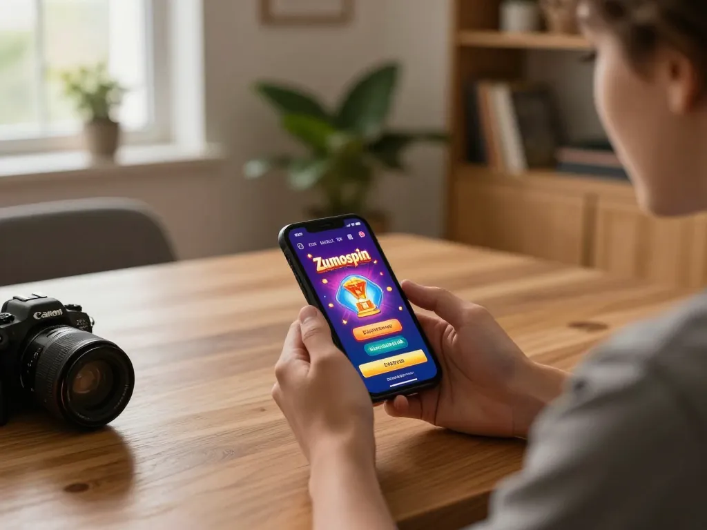 Player enjoying the Zumospin applicatie voor de mobiele telefoon while relaxing at home, smartphone displaying slots interface.