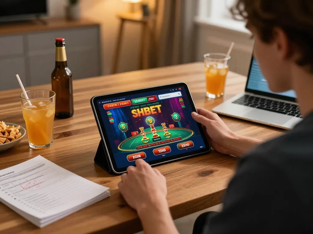 Playing casino games on SHBET .COM online platform at home with table setup and warm ambiance.
