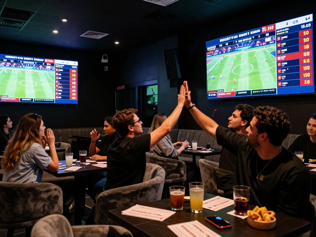 Engaging atmosphere of sports betting with excited patrons analyzing keo nha cai and celebrating wins