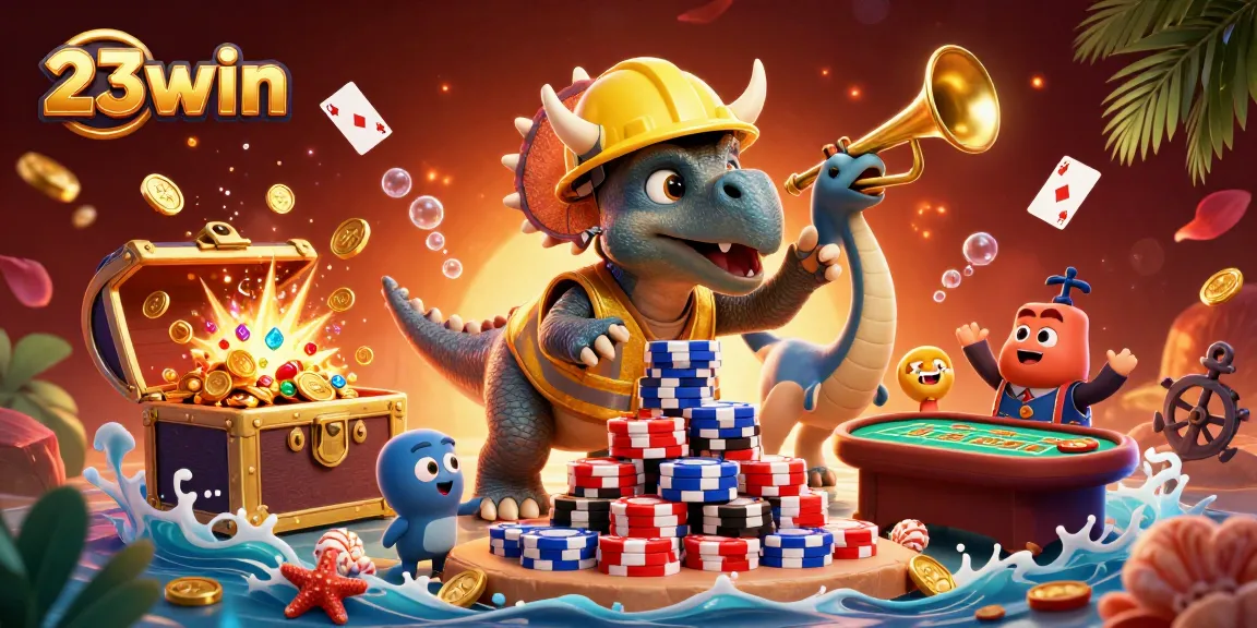 Play poker and win big with 23win in this dynamic 3D casino scene full of vibrant colors.