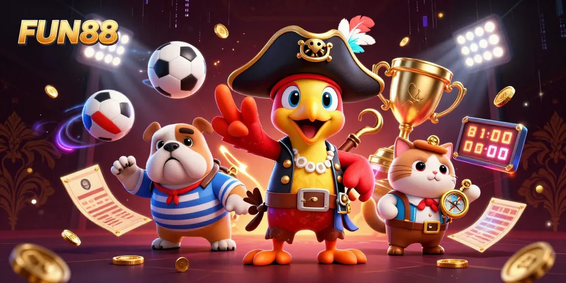 Experience thrilling bets at FUN88 with vibrant gaming characters and dynamic sports elements.