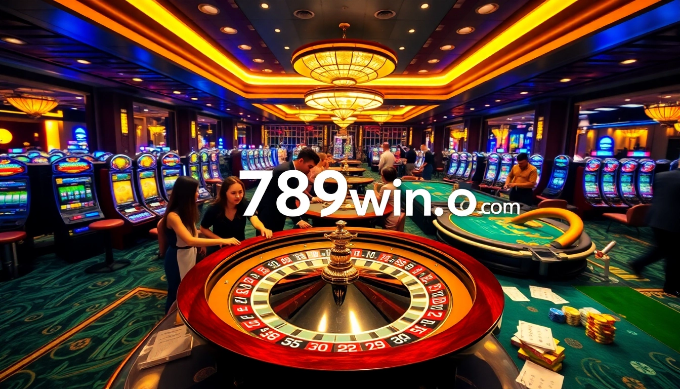 Players gambling at a luxurious casino featuring 789win.com tables and slot machines.