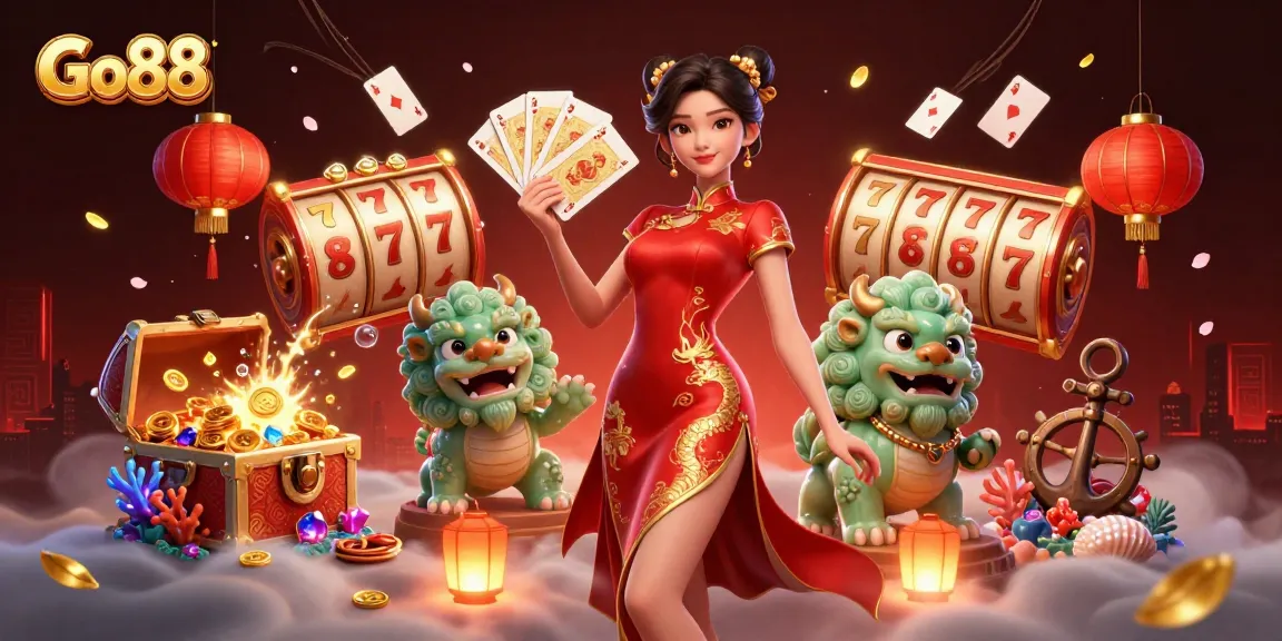 Experience thrilling gaming adventures with Go88's vibrant casino illustration, featuring dynamic slot elements and a charming guardian.