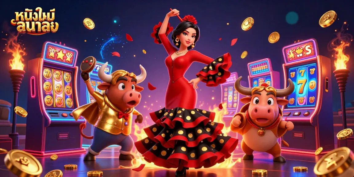 Spinning slot machines with หนังใหม่ชนโรง theme showcase vibrant gaming action in a captivating 3D scene.