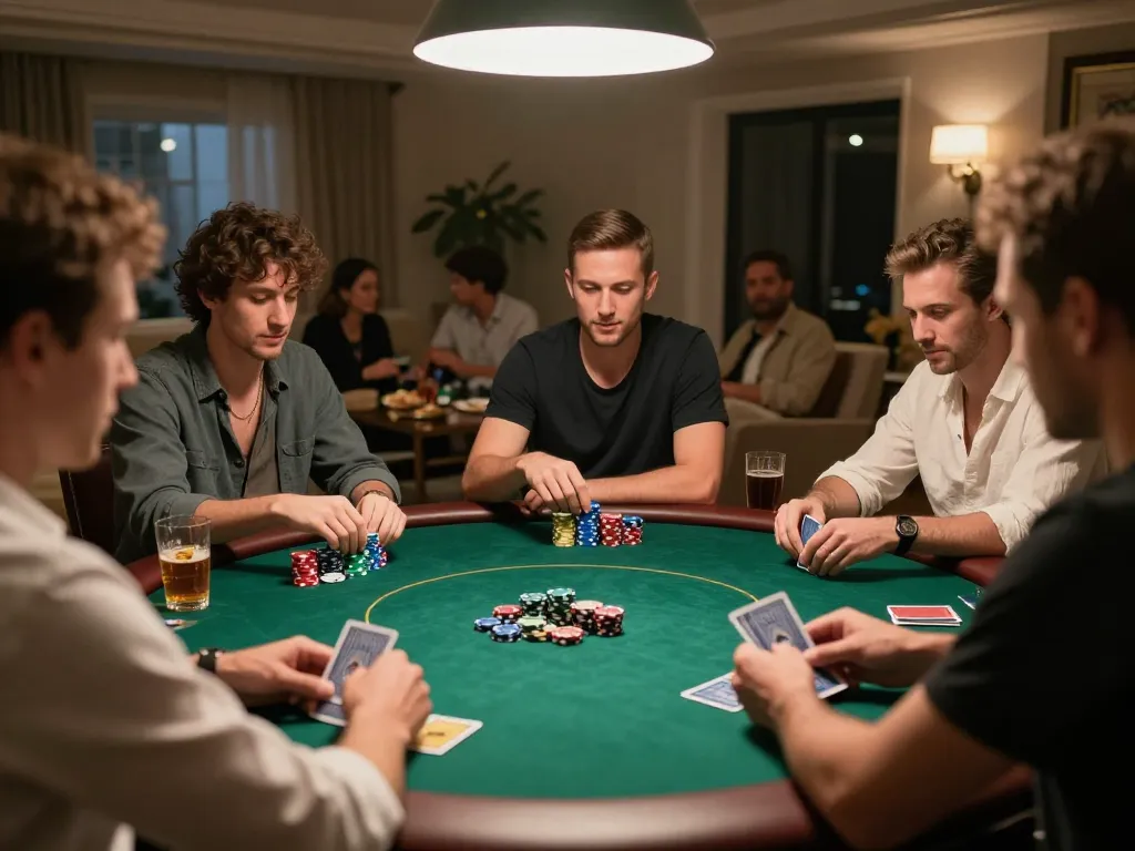 Players enjoying a thrilling poker night at home while exploring strategies on https://mm88.green/.
