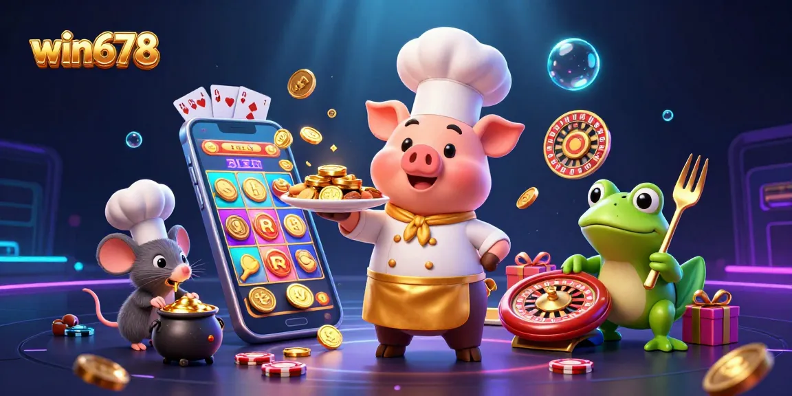 win678 reveals exciting gaming adventures with a chef pig, mouse, and frog amidst gold coins.