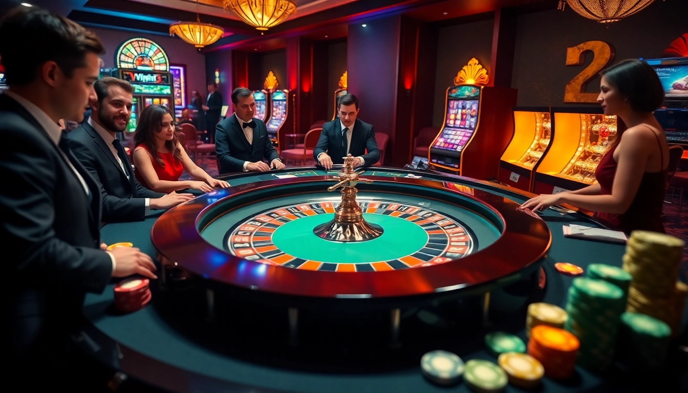 Exciting scene at a luxurious casino table showcasing Vipwin3 with colorful chips and roulette.