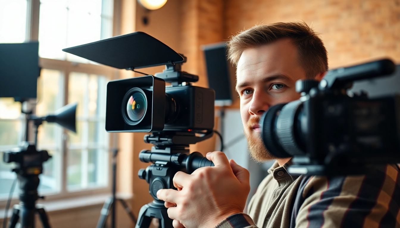 Creating branded content with a professional videographer and advanced equipment in a studio.