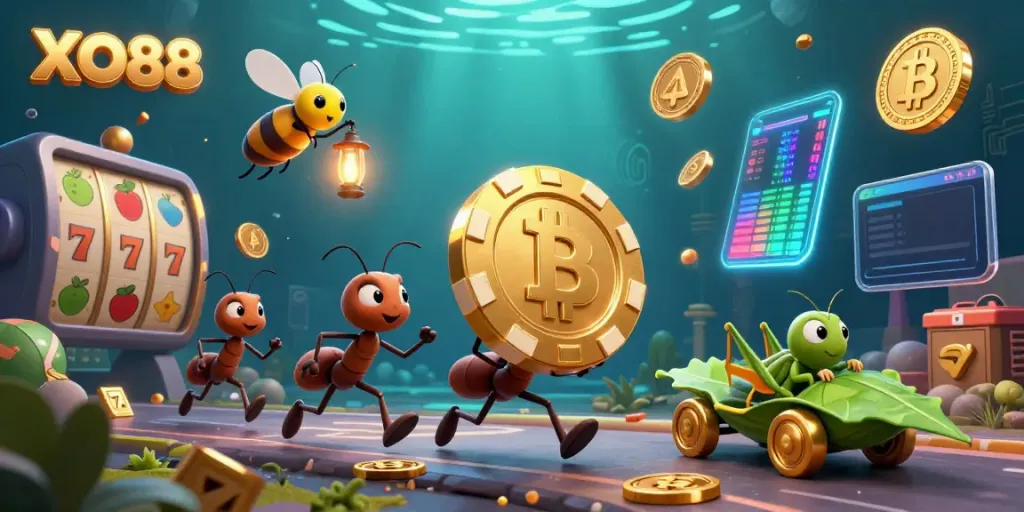 Experience the thrilling heist at XO88 with ants carrying a giant poker chip.