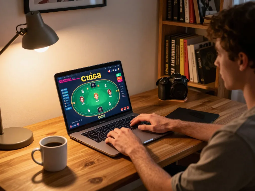 C168 player engaging in online poker on laptop with cozy home setup and ambient lighting